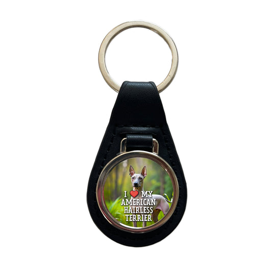 I Love My American Hairless Terrier Dog Heart Black Leather Metal Keychain
