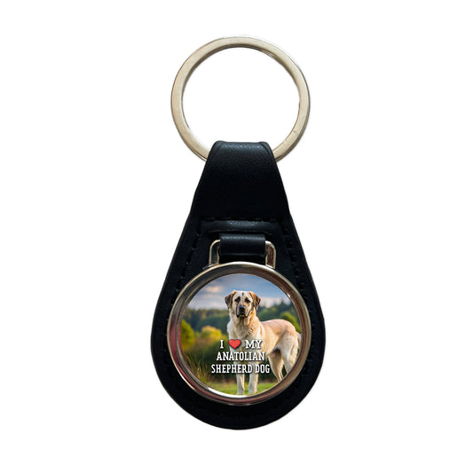 I Love My Anatolian Shepherd Dog Heart Black Leather Metal Keychain