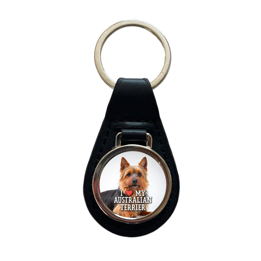 I Love My Australian Terrier Dog Heart Black Leather Metal Keychain