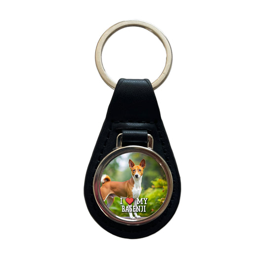 I Love My Basenji Dog Heart Black Leather Metal Keychain