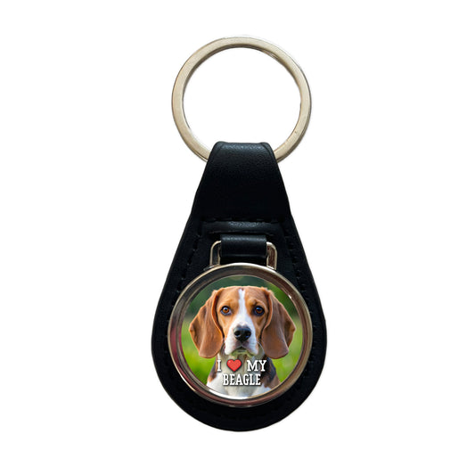 I Love My Beagle Dog Heart Black Leather Metal Keychain