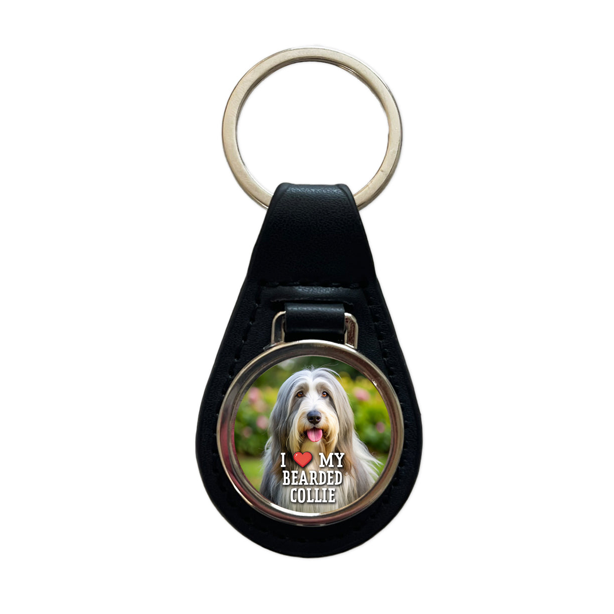 I Love My Bearded Collie Dog Heart Black Leather Metal Keychain