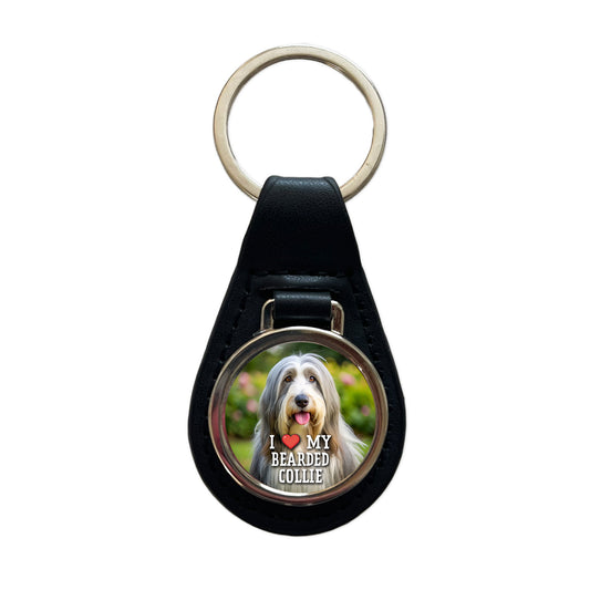 I Love My Bearded Collie Dog Heart Black Leather Metal Keychain