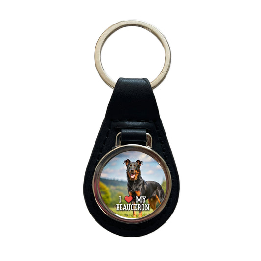 I Love My Beauceron Dog Heart Black Leather Metal Keychain
