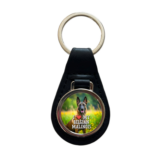 I Love My Belgian Malinois Dog Heart Black Leather Metal Keychain