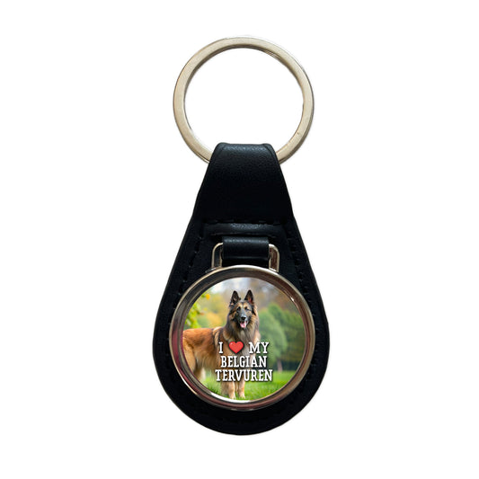 I Love My Belgian Tervuren Dog Heart Black Leather Metal Keychain
