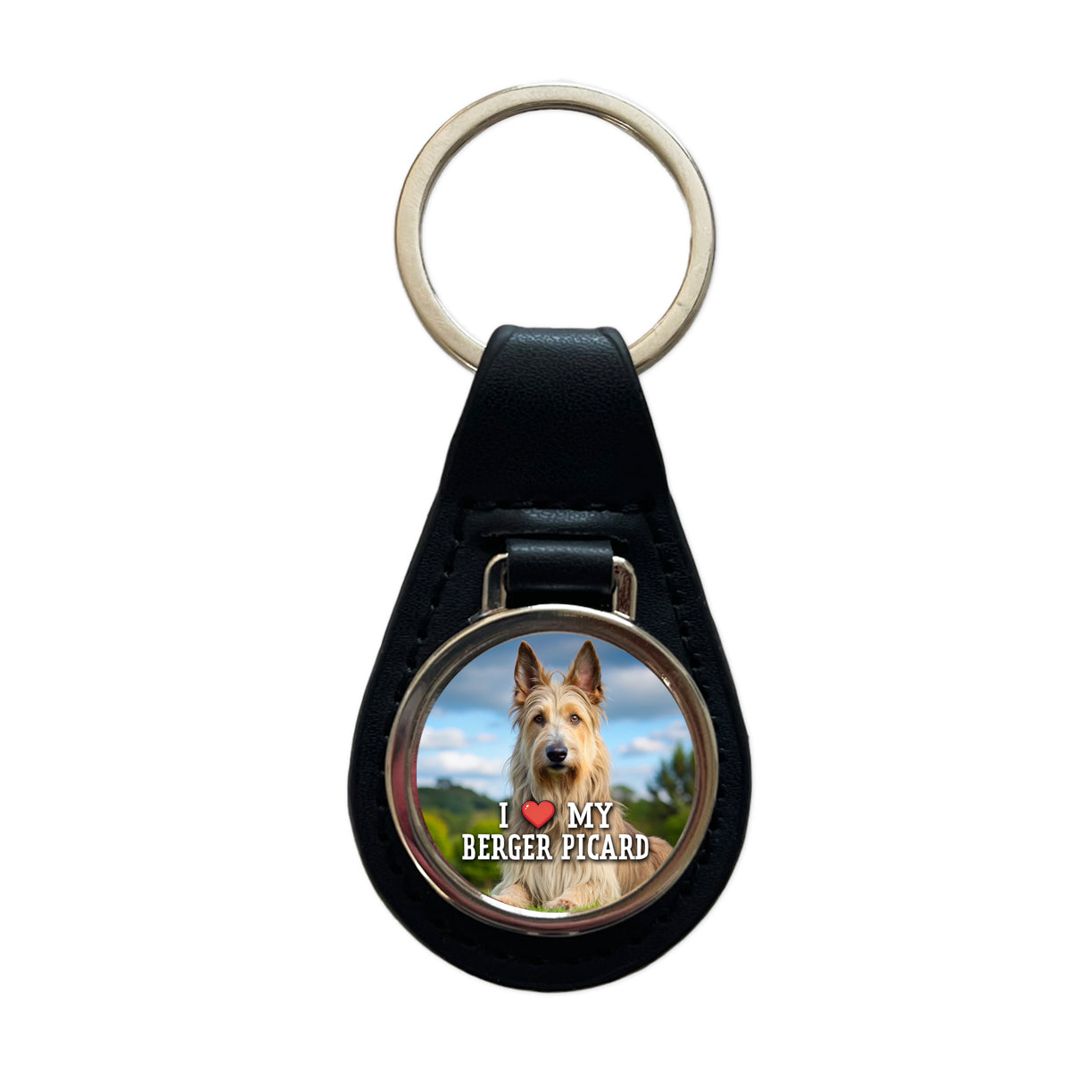I Love My Berger Picard Dog Heart Black Leather Metal Keychain