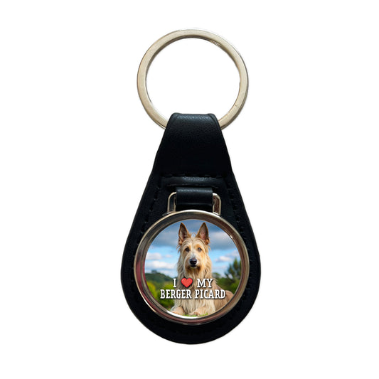 I Love My Berger Picard Dog Heart Black Leather Metal Keychain