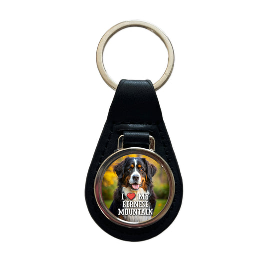 I Love My Bernese Mountain Dog Heart Black Leather Metal Keychain