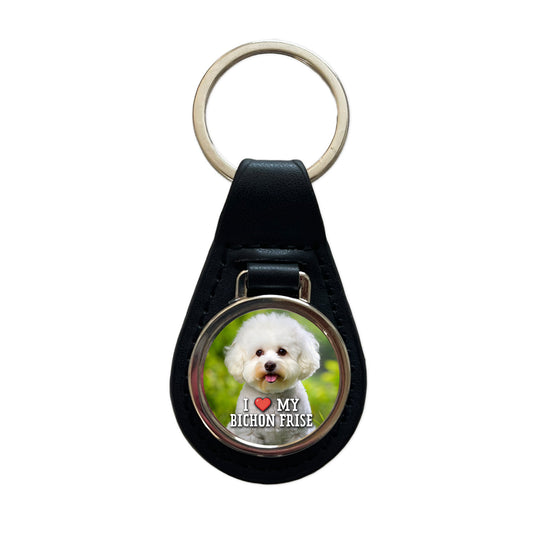 I Love My Bichon Frise Dog Heart Black Leather Metal Keychain