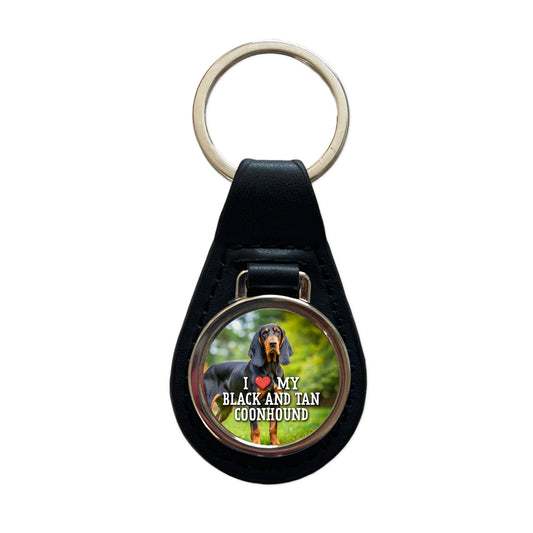 I Love My Black And Tan Coonhound Dog Heart Black Leather Metal Keychain