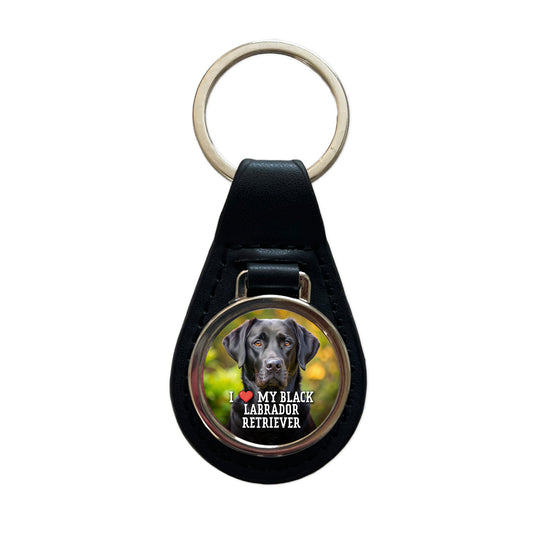 I Love My Black Labrador Retriever Dog Heart Black Leather Metal Keychain