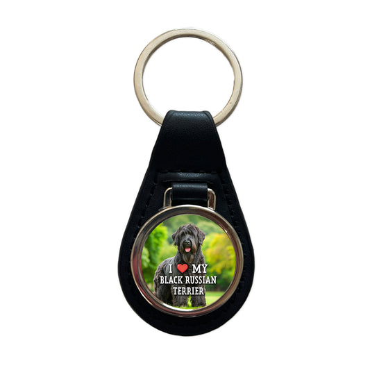 I Love My Black Russian Terrier Dog Heart Black Leather Metal Keychain