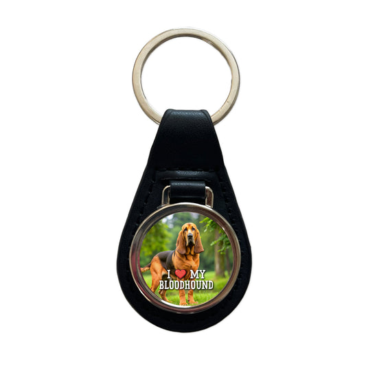 I Love My Bloodhound Dog Heart Black Leather Metal Keychain
