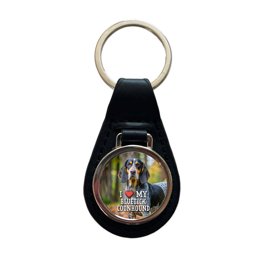 I Love My Bluetick Coonhound Dog Heart Black Leather Metal Keychain
