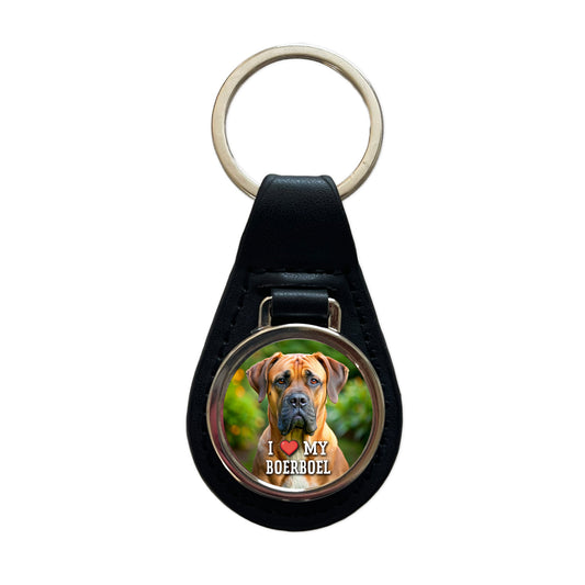 I Love My Boerboel Dog Heart Black Leather Metal Keychain