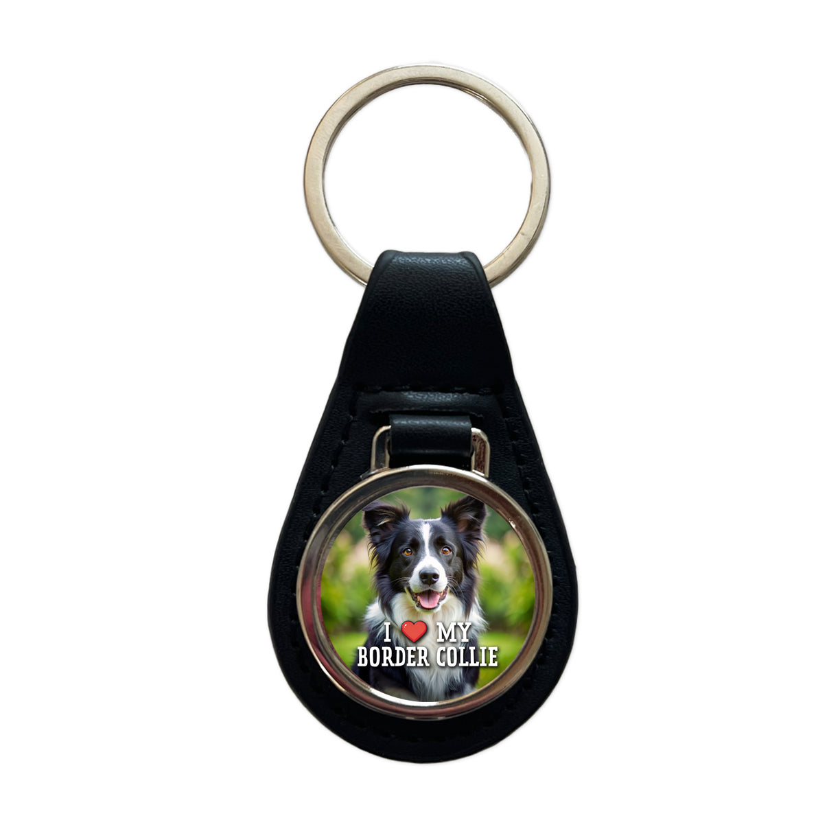 I Love My Border Collie Dog Heart Black Leather Metal Keychain