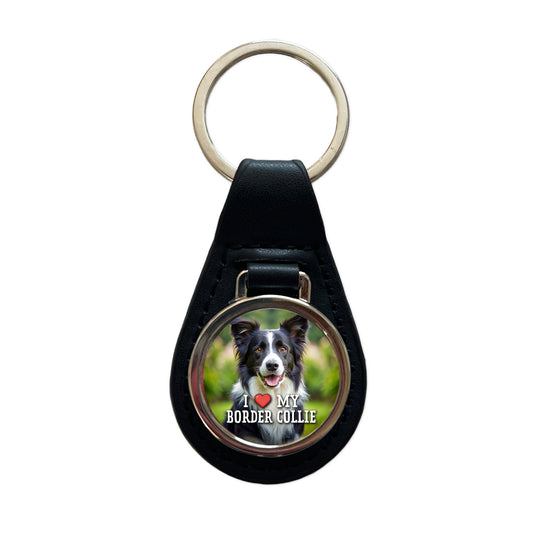 I Love My Border Collie Dog Heart Black Leather Metal Keychain