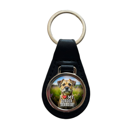I Love My Border Terrier Dog Heart Black Leather Metal Keychain