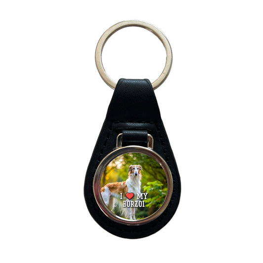 I Love My Borzoi Dog Heart Black Leather Metal Keychain