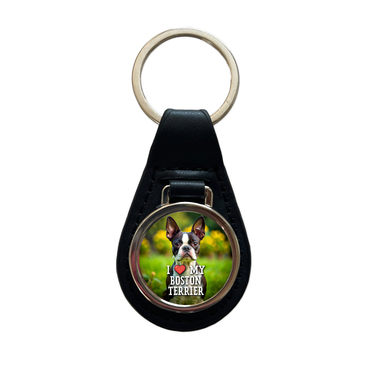 I Love My Boston Terrier Dog Heart Black Leather Metal Keychain