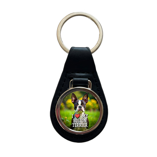 I Love My Boston Terrier Dog Heart Black Leather Metal Keychain