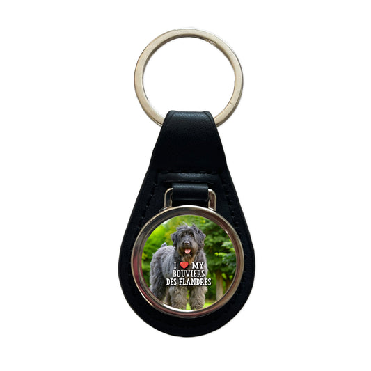 I Love My Bouviers Des Flandres Dog Heart Black Leather Metal Keychain