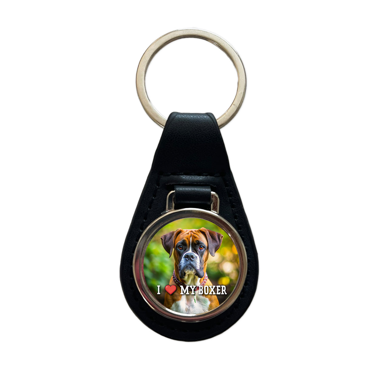 I Love My Boxer Dog Heart Black Leather Metal Keychain