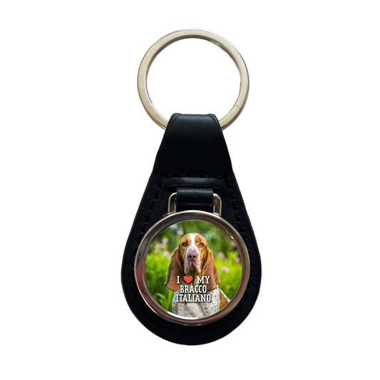 I Love My Bracco Italiano Dog Heart Black Leather Metal Keychain