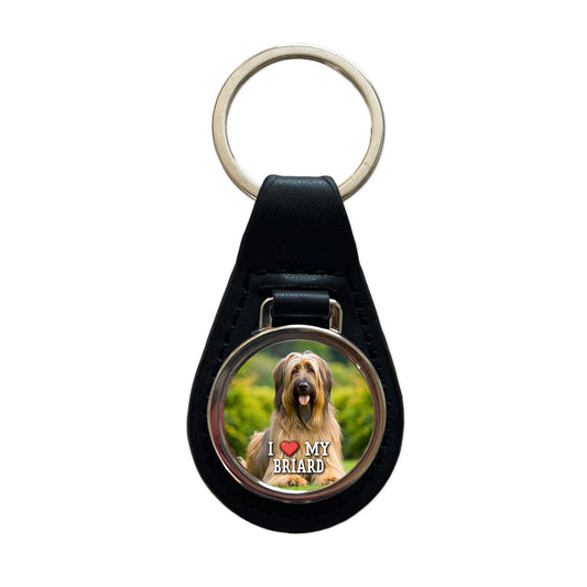 I Love My Briard Dog Heart Black Leather Metal Keychain