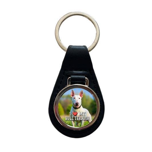 I Love My Bull Terrier Dog Heart Black Leather Metal Keychain