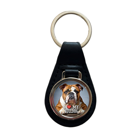 I Love My Bulldog Dog Heart Black Leather Metal Keychain