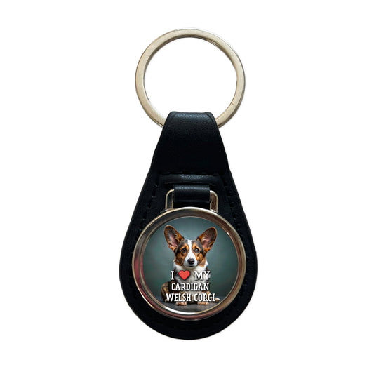 I Love My Cardigan Welsh Corgi Dog Heart Black Leather Metal Keychain