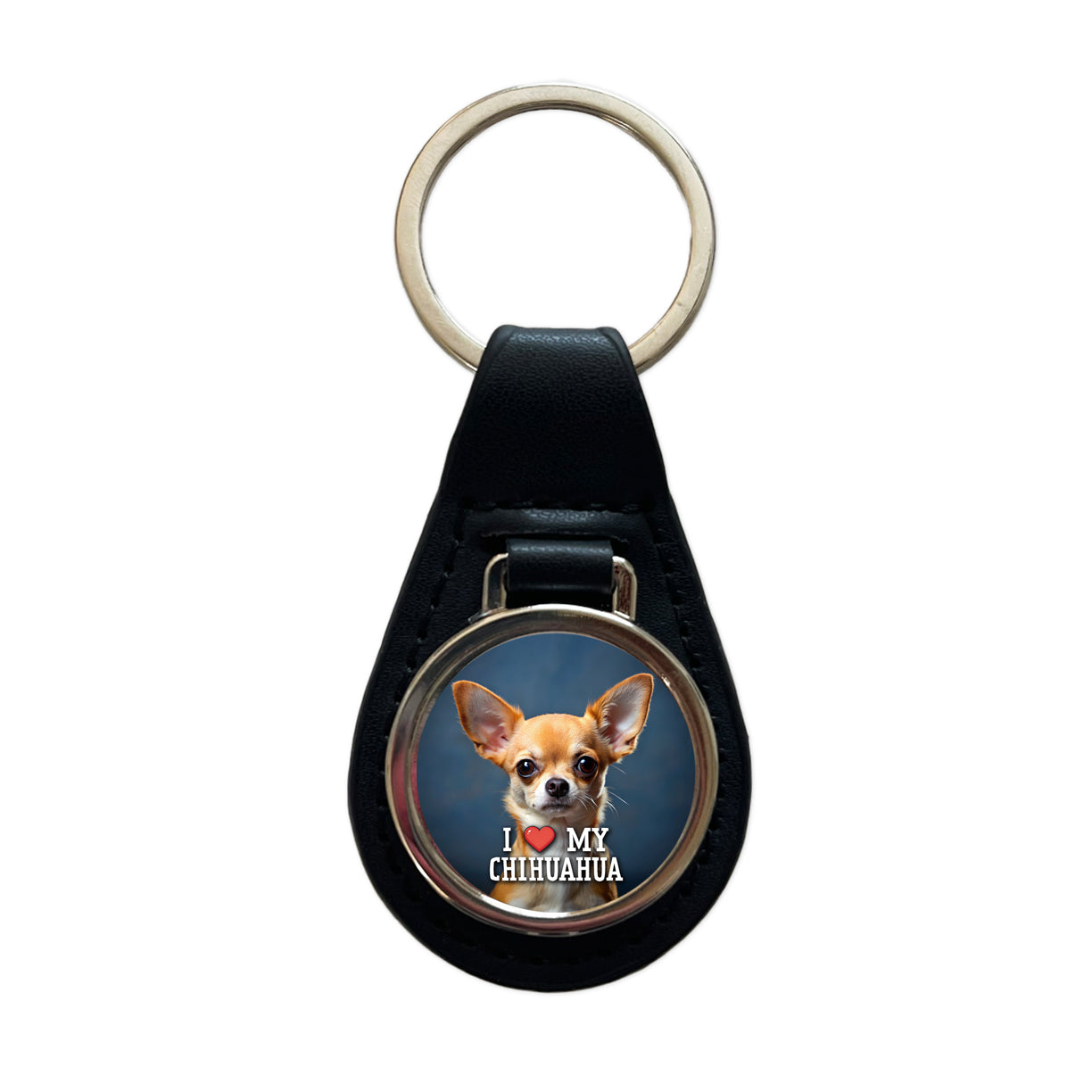 I Love My Chihuahua Dog Heart Black Leather Metal Keychain