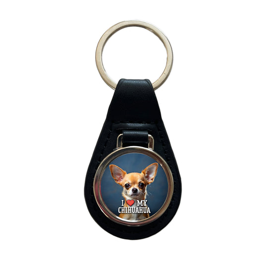I Love My Chihuahua Dog Heart Black Leather Metal Keychain
