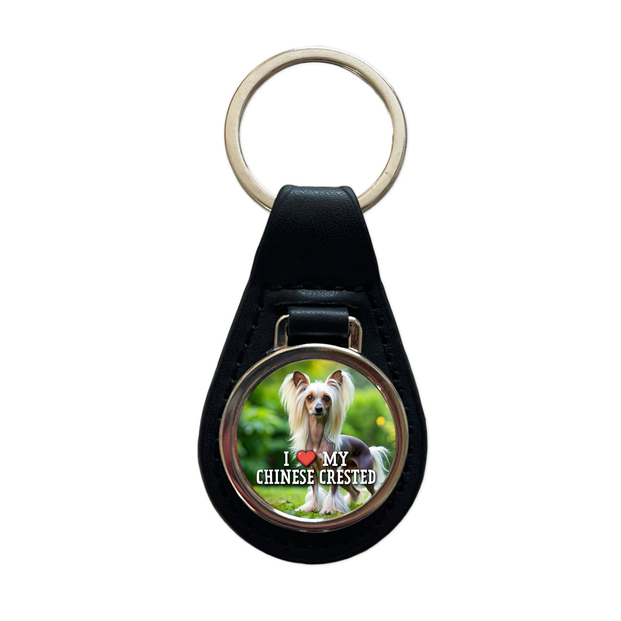 I Love My Chinese Crested Dog Heart Black Leather Metal Keychain
