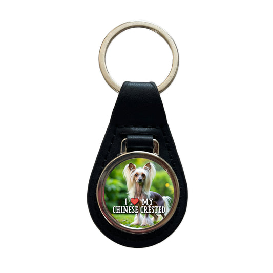 I Love My Chinese Crested Dog Heart Black Leather Metal Keychain