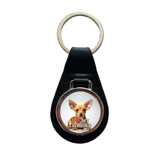 I Love My Chiweenie Dog Heart Black Leather Metal Keychain