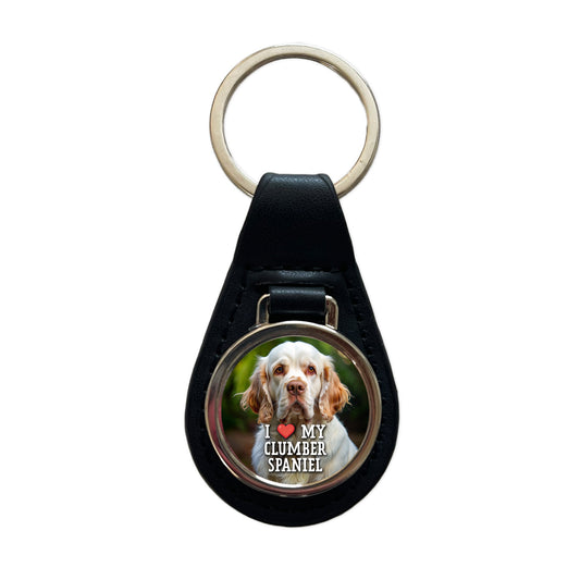 I Love My Clumber Spaniel Dog Heart Black Leather Metal Keychain