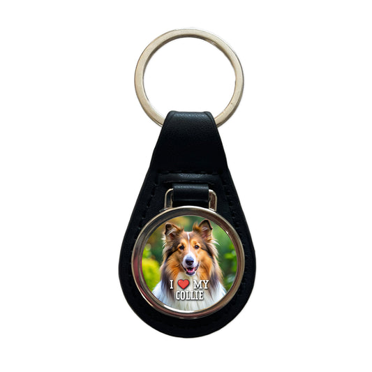 I Love My Collie Dog Heart Black Leather Metal Keychain