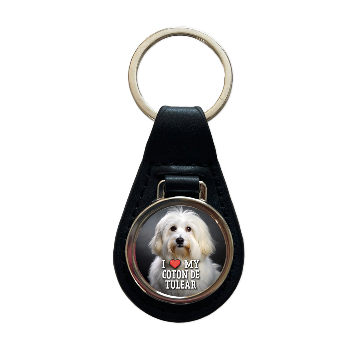 I Love My Coton De Tulear Dog Heart Black Leather Metal Keychain