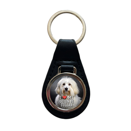 I Love My Coton De Tulear Dog Heart Black Leather Metal Keychain