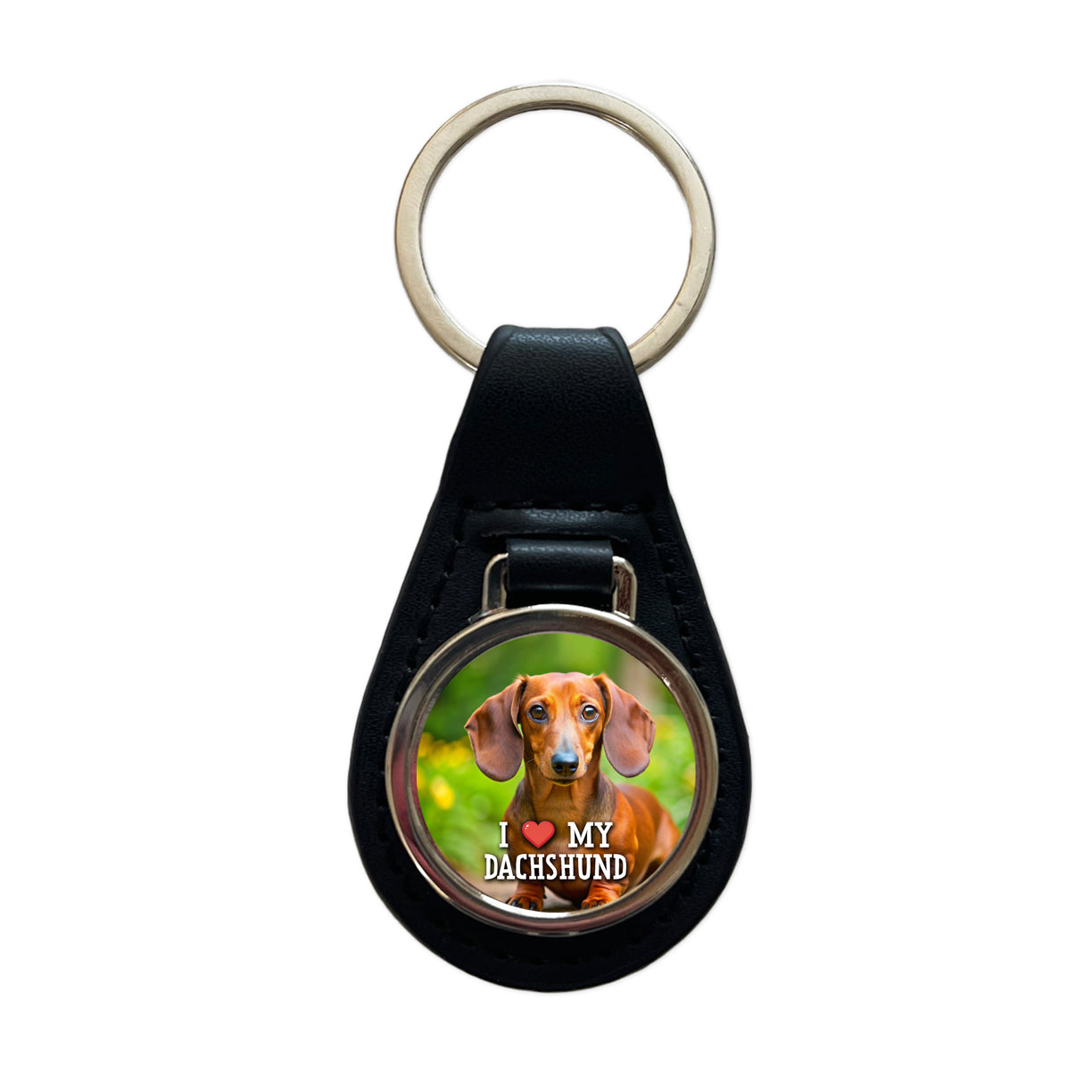 I Love My Dachshund Dog Heart Black Leather Metal Keychain
