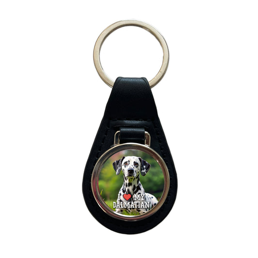 I Love My Dalmatian Dog Heart Black Leather Metal Keychain