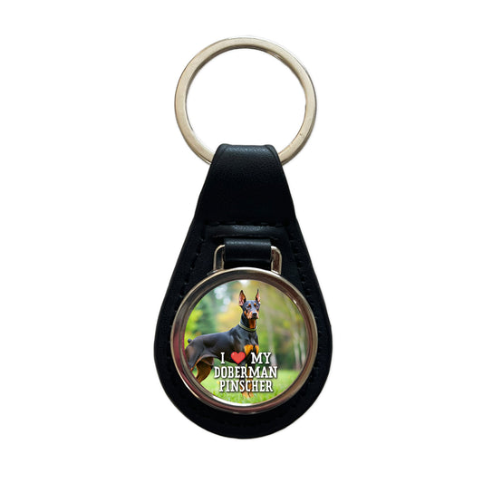 I Love My Doberman Pinscher Dog Heart Black Leather Metal Keychain