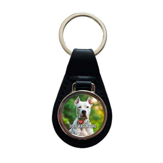 I Love My Dogo Argentino Dog Heart Black Leather Metal Keychain