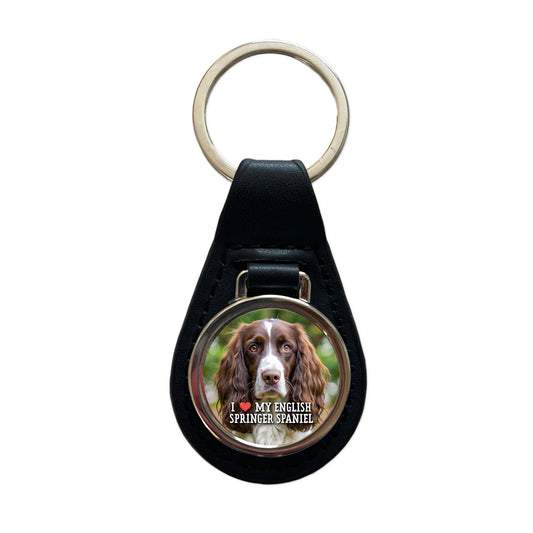 I Love My English Springer Spaniel Dog Heart Black Leather Metal Keychain