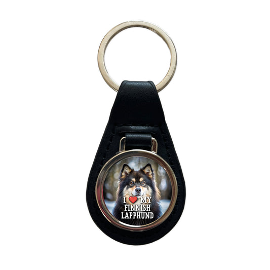 I Love My Finnish Lapphund Dog Heart Black Leather Metal Keychain