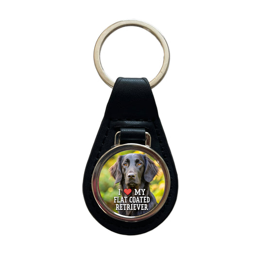I Love My Flat Coated Retriever Dog Heart Black Leather Metal Keychain