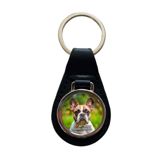 I Love My French Bulldog Frenchie Dog Heart Black Leather Metal Keychain